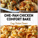 Sheet pan filled with Roasted Chicken And Dressing beside golden Stuffing Casserole for a warm family dinner.